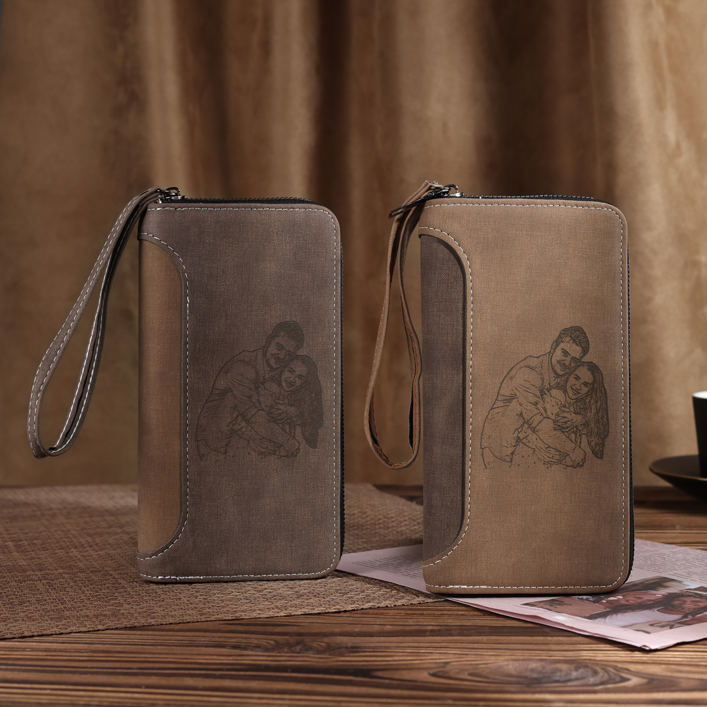 Cartera, billetera con cierre personalizada con 1 foto y 1 texto monedero para hombre-Jessemade ES