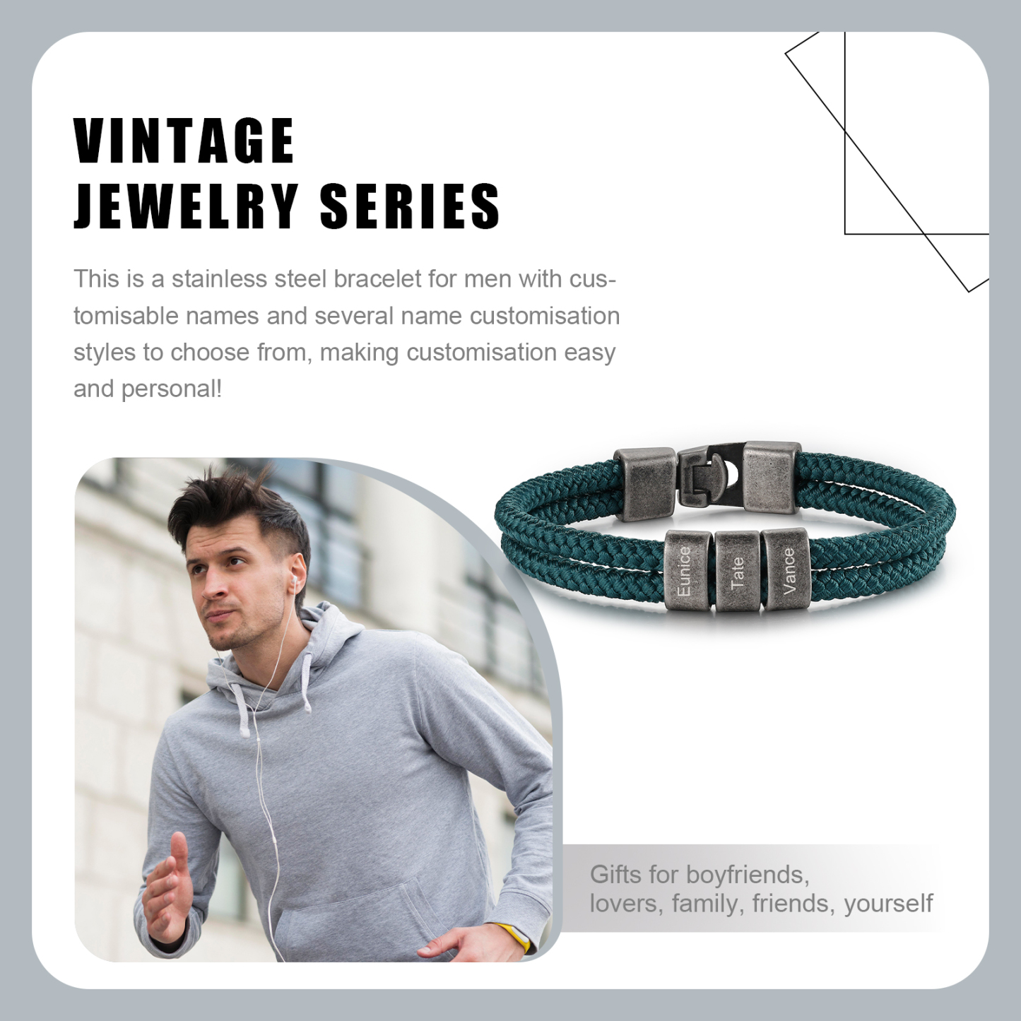 2-4 Nombres Personalizados Pulsera de Cuerda Verde Aros de Acero Inoxidable-Jessemade ES