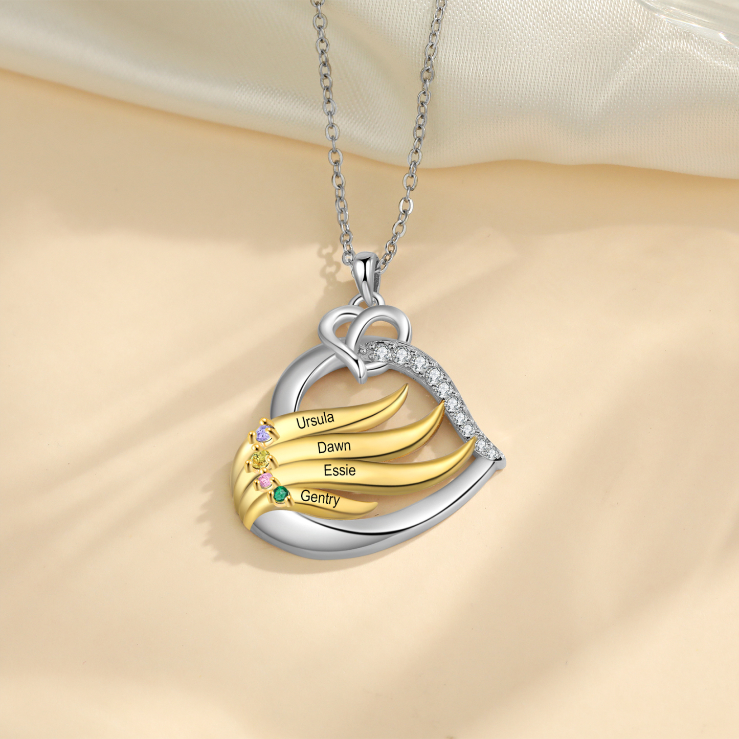 Collar en corazón con 2-5 nombres personalizados y 2-5 piedras de nacimiento-Jessemade ES