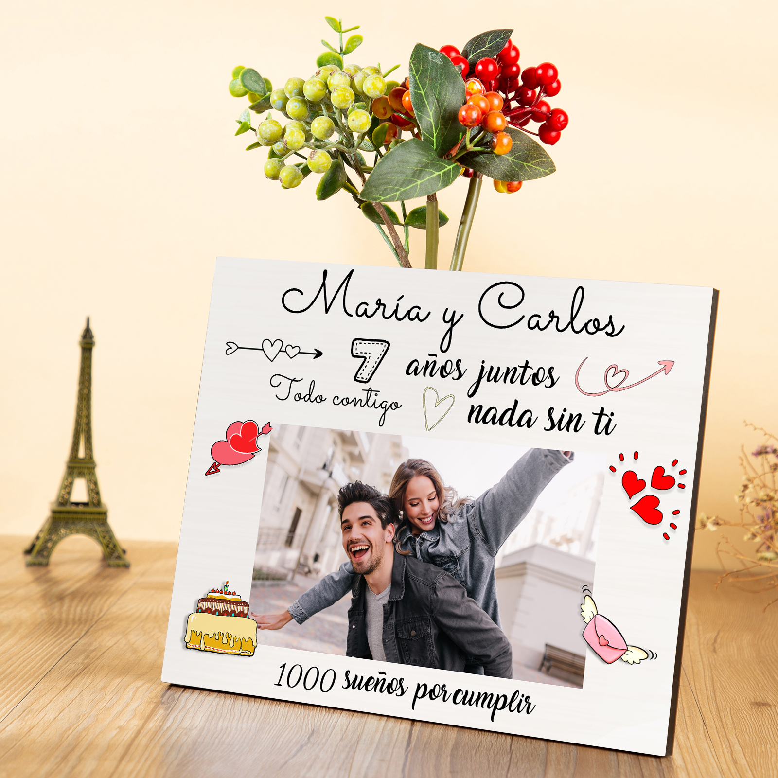 Lámina marco de madera para pareja 1 texto y 1 número personalizados con 1 foto-Jessemade ES