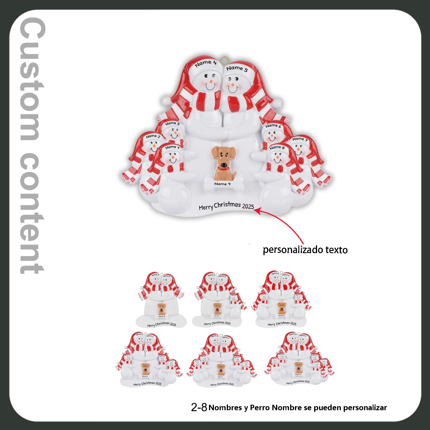 Navidad-Muñecos Ornamentos Navideños Familia con Perro 3 Nombres con Texto Personalizados Adorno de Madera