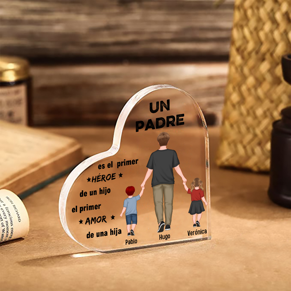 Placa de acrílico en forma de corazón papá e hijos con 3 nombres personalizados-Jessemade ES