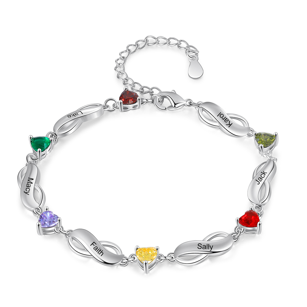 Pulsera "infinito" personalizada con 6 nombres y 6 piedras de nacimiento de corazón-Jessemade ES