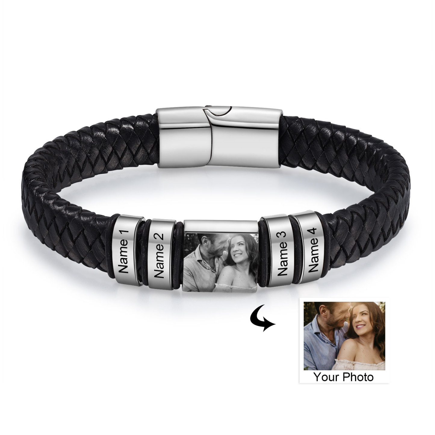 Pulsera de Cueros Trenzados Aros Personalizados de 2-5 Nombres y Placa de Foto-Jessemade ES
