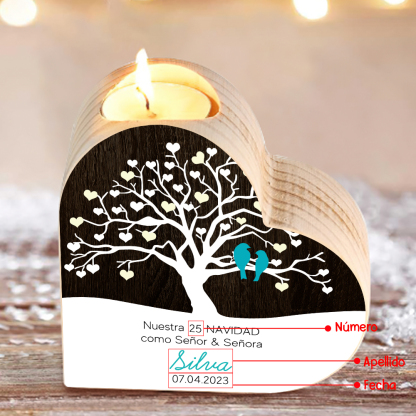 Aniversario de Navidad-Candelero de madera para pareja con pájaros de amor sin vela personalizado con apellido, fecha y número-Jessemade ES