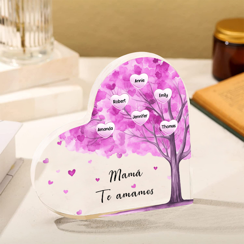 A mi mamá/abuela-Placa de acrílico "Árbol" en forma de corazón 6 nombres y 1 texto personalizados-Jessemade ES