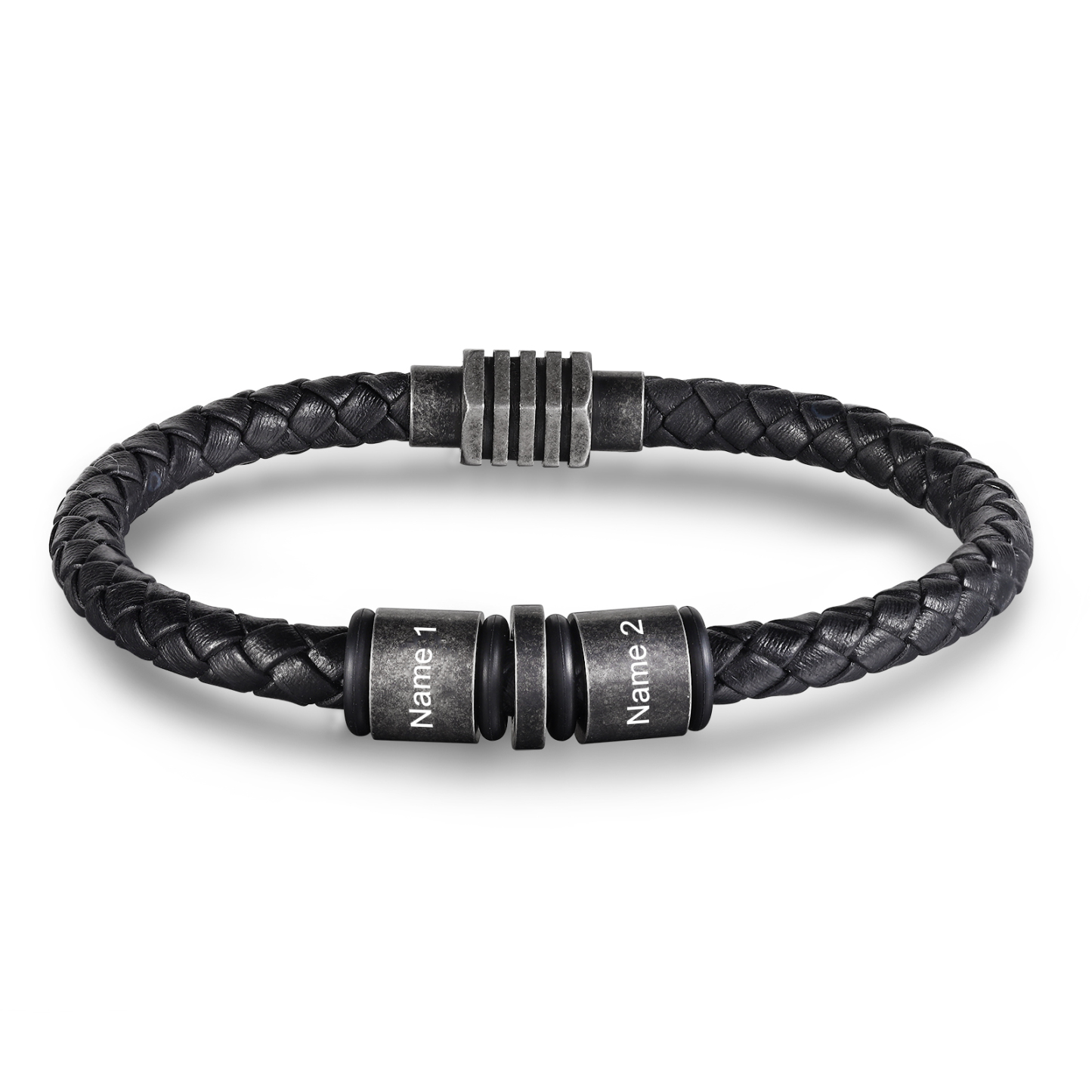 Pulsera de cuero trenzado con 2 aros 2 nombres personalizados pulsera de hombre -Jessemade ES