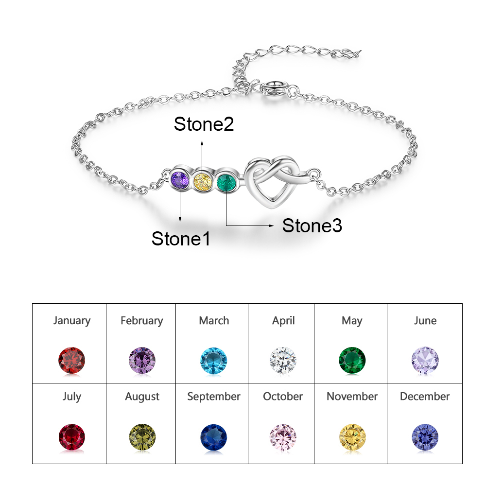 Pulsera de corazón con 3 piedras de nacimiento personalizados
