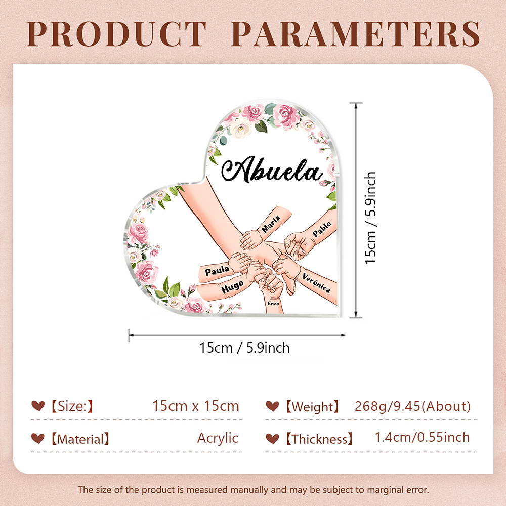 A mi mamá/abuela-Placa de acrílico en forma de corazón mano a mano con 1 texto y 6 nombres personalizados | Jessemade