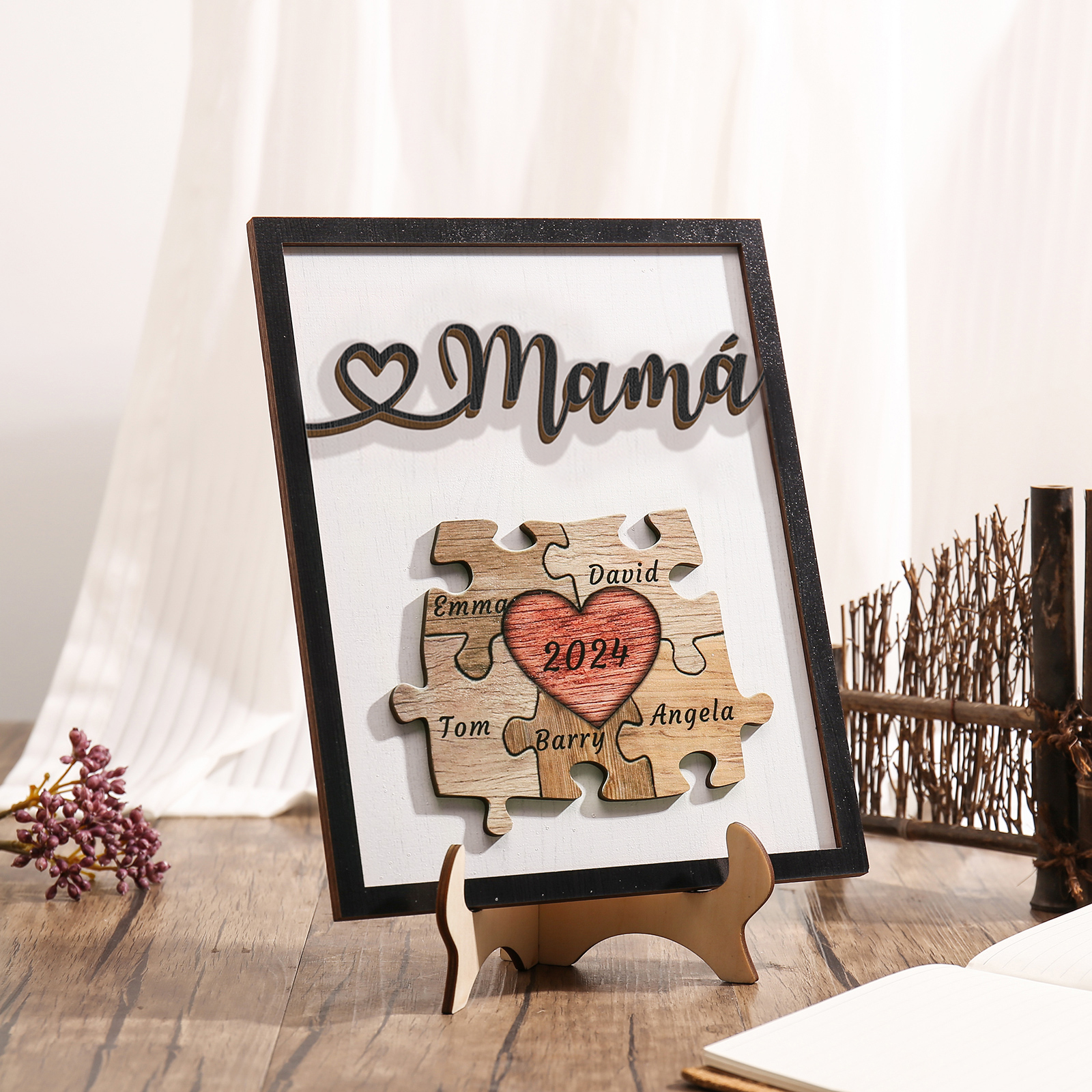 A mi mamá-Adorno 2-6 nombres y año personalizados decoración de madera rompecabezas-Jessemade ES
