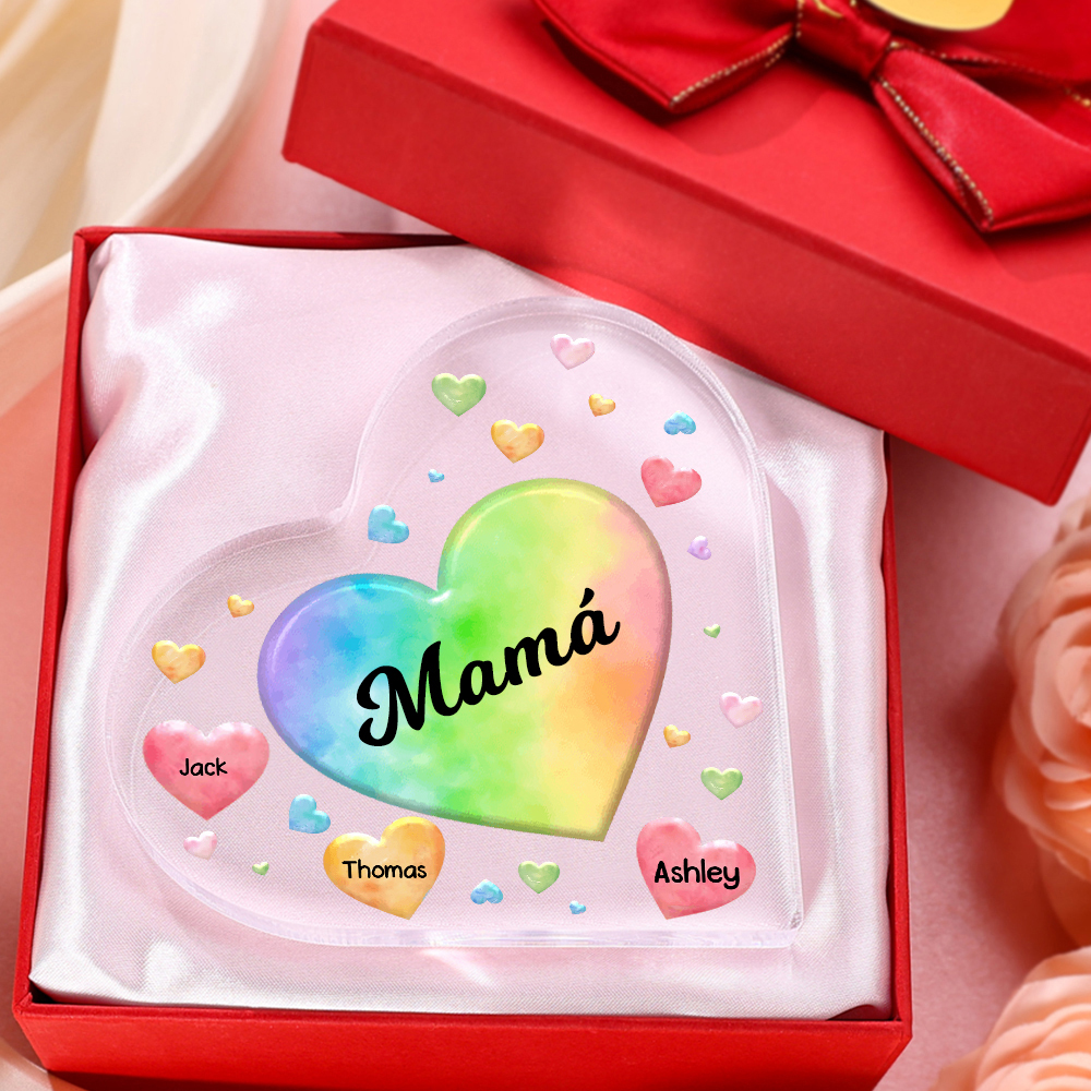 A mi mamá/abuela-Placa de acrílico "Corazones" en forma de corazón 3 nombres y 1 texto personalizados-Jessemade ES