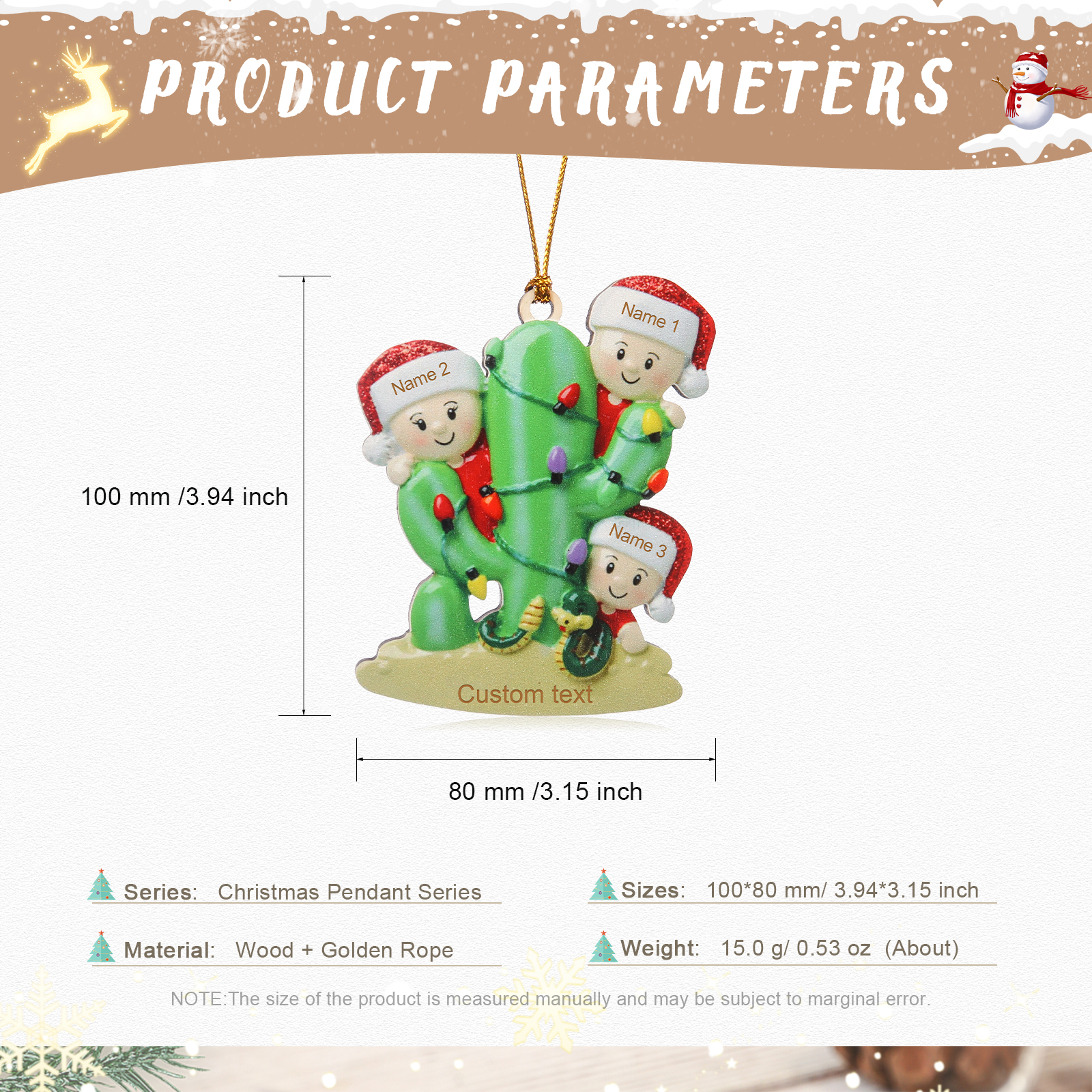 Navidad-Ornamento muñecos navideño de madera cactus 3 nombres y 1 texto personalizados adorno del árbol-Jessemade ES