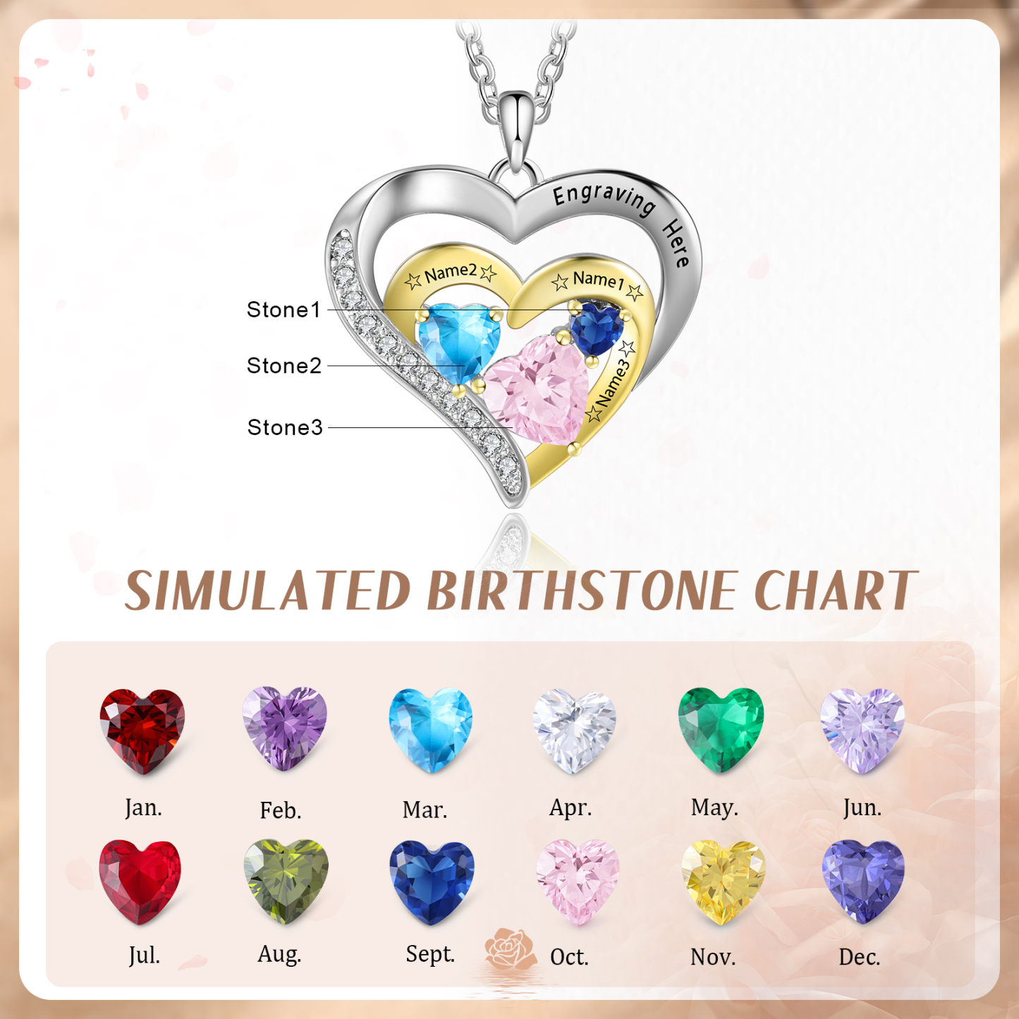 Collar en corazón con 1-3 nombres personalizados, 1-3 piedras de nacimiento y 1 texto-Jessemade ES