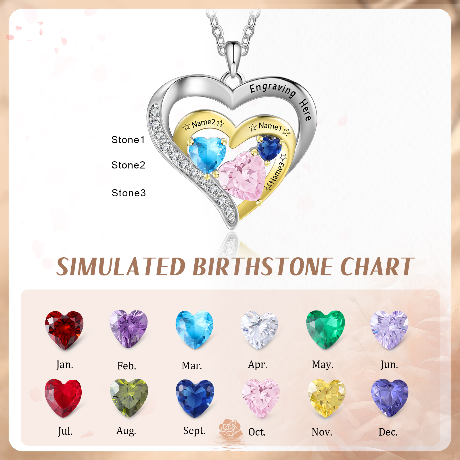 Collar en corazón con 1-3 nombres personalizados, 1-3 piedras de nacimiento y 1 texto-Jessemade ES