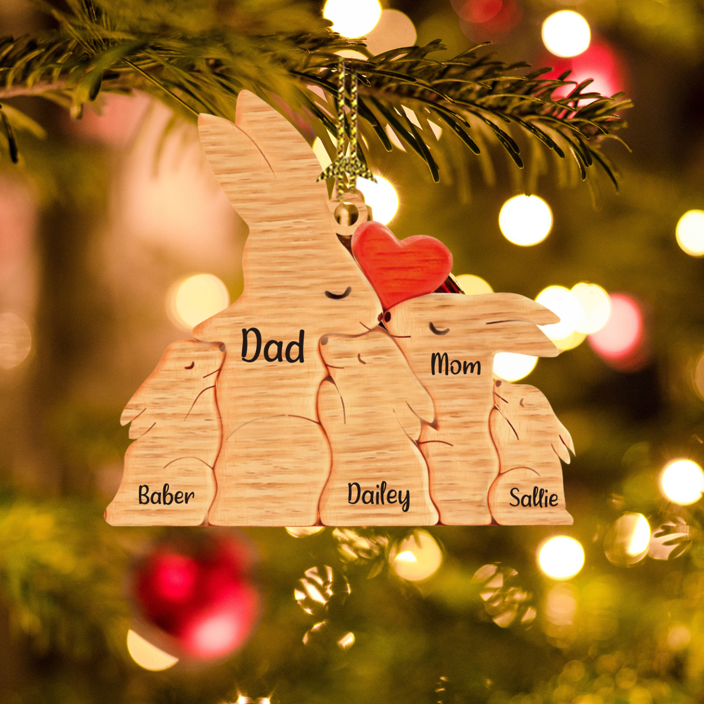 Navidad-Ornamento muñecos navideño de madera familia de conejos 5 nombres personalizados adorno del árbol-Jessemade ES
