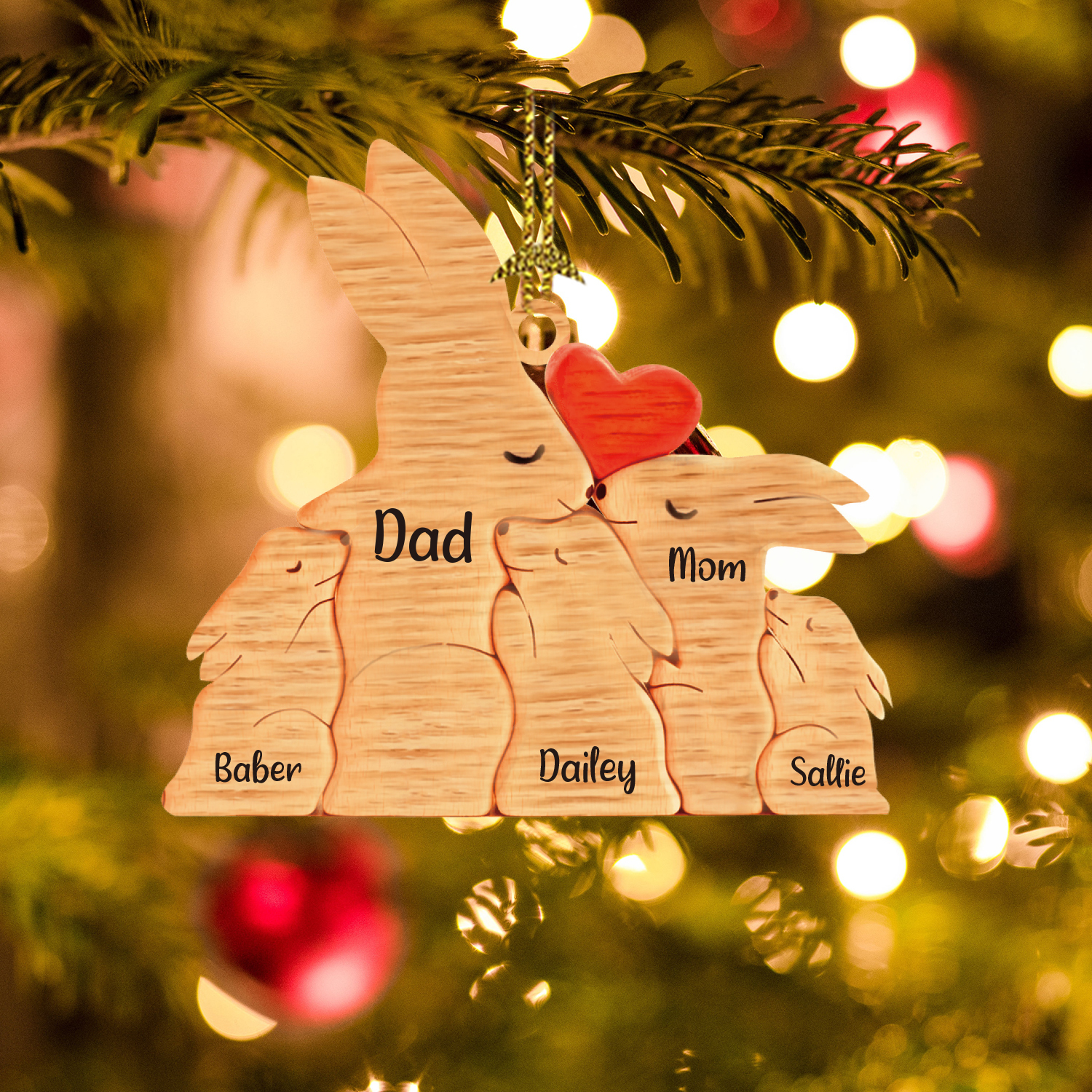 Navidad-Ornamento muñecos navideño de madera familia de conejos 5 nombres personalizados adorno del árbol-Jessemade ES