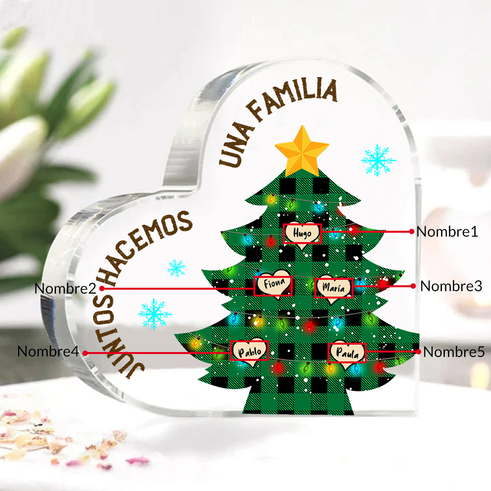 Navidad - Placa de acrílico en forma de corazón árbol con luces con 5 nombres personalizados-Jessemade ES