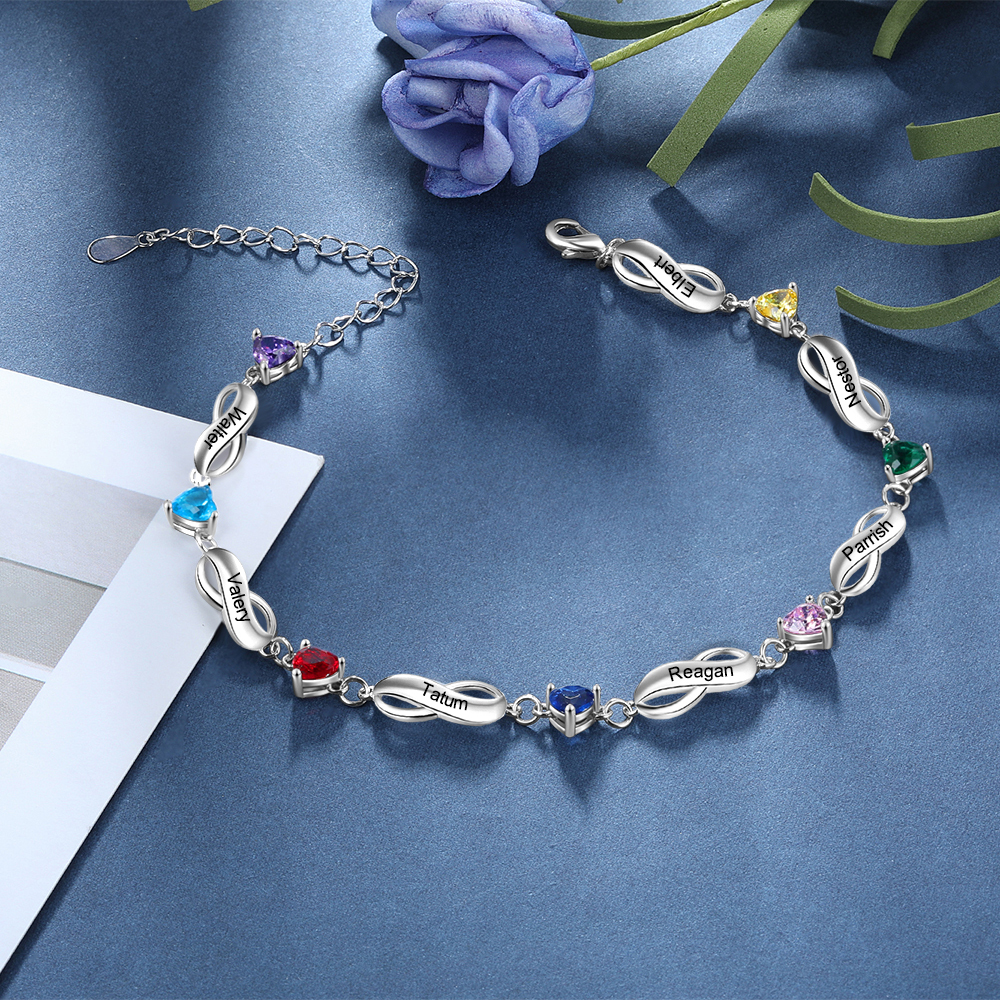 Pulsera "infinito" personalizada con 7 nombres y 7 piedras de nacimiento de corazón-Jessemade ES