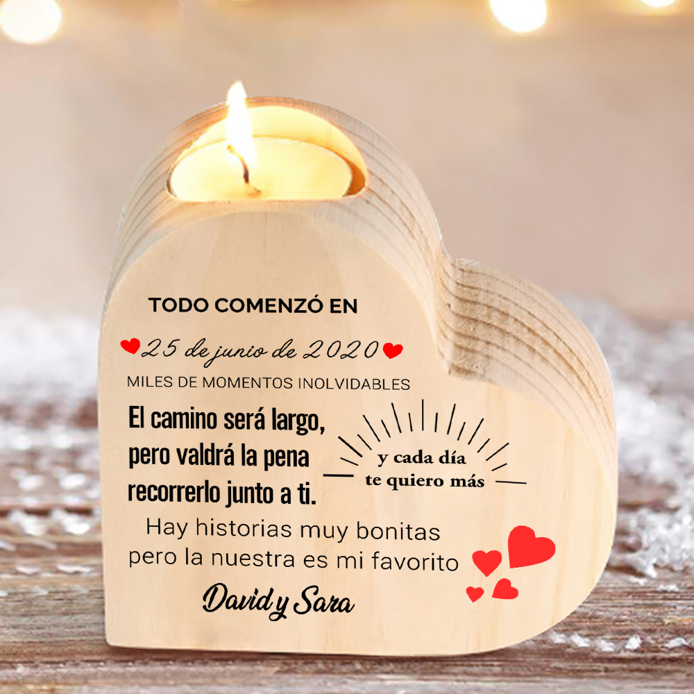 Candelero de madera para pareja sin vela personalizado con 2 nombres y fecha-Jessemade ES