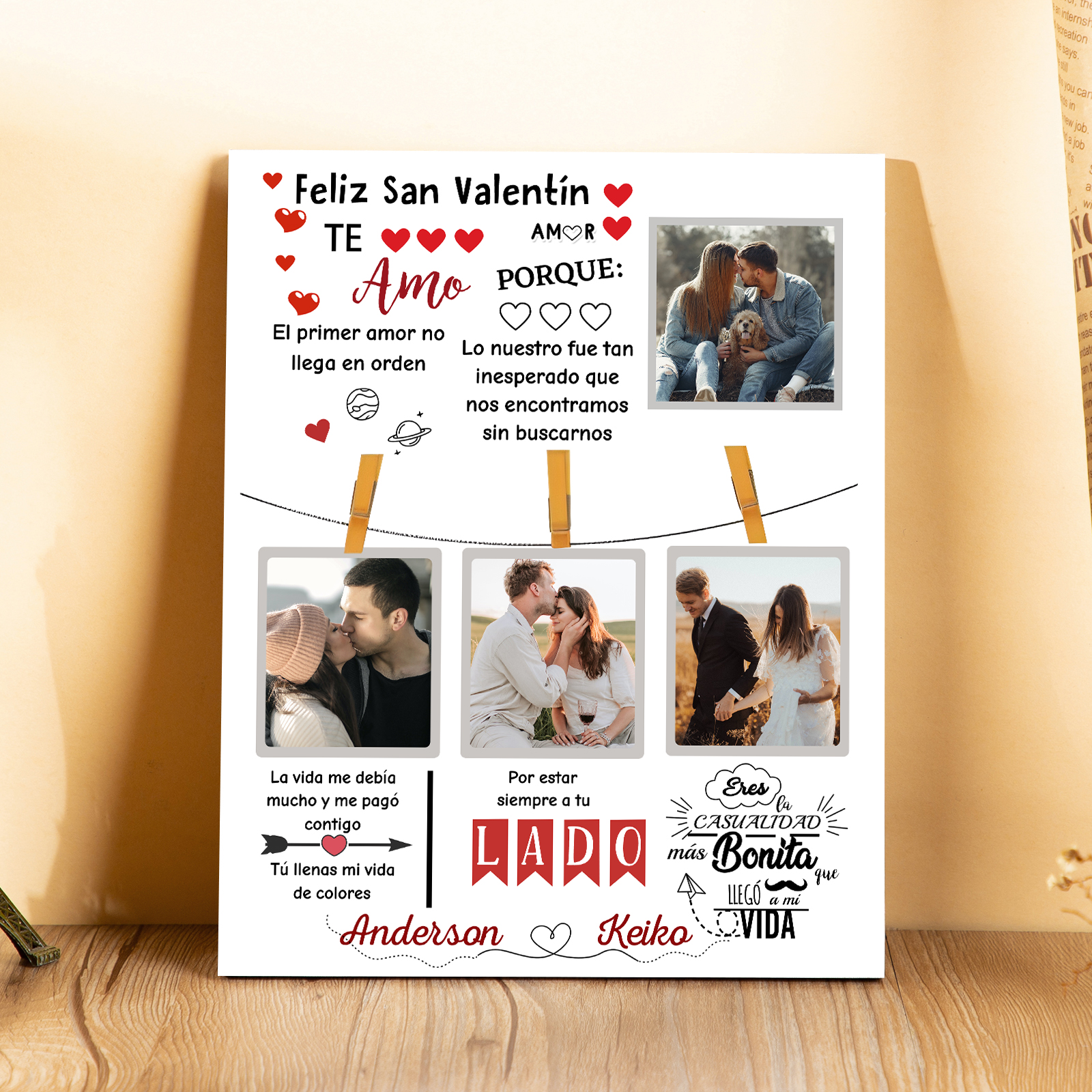 San Valentín-Lámina marco de madera para pareja personalizado con 2 nombres y 4 fotos-Jessemade ES