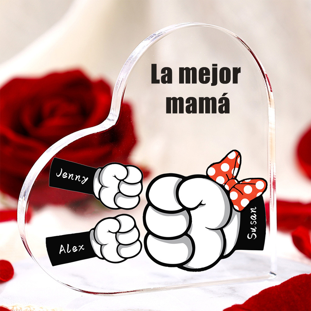 A mi mamá/abuela-Placa de acrílico "Puños" en forma de corazón 3 nombres y 1 texto personalizados-Jessemade ES