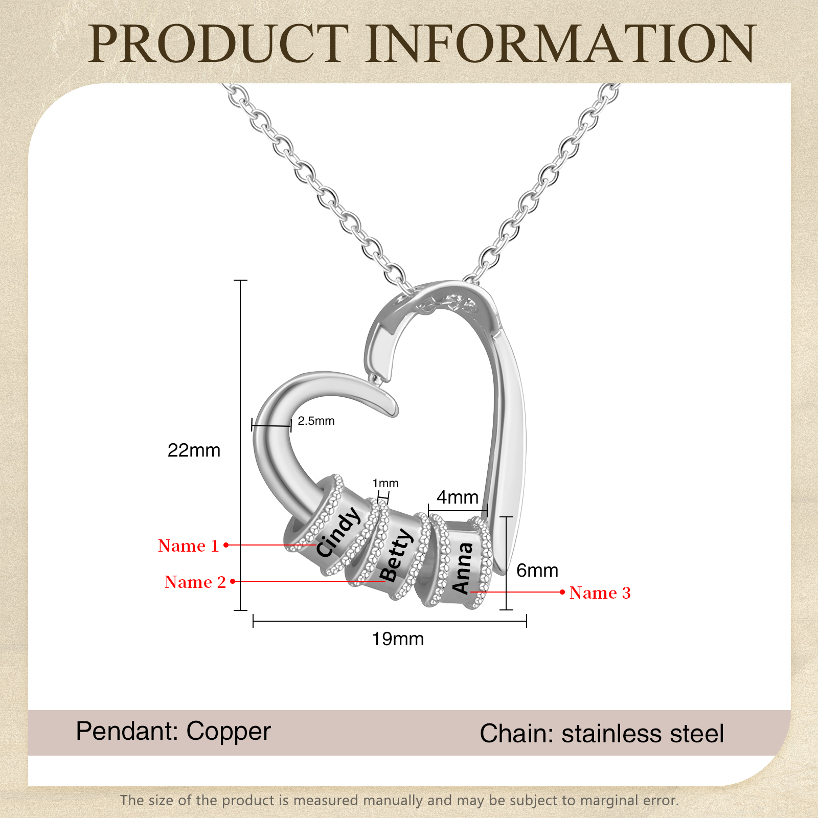 Collar colgante de corazón con 3 nombres personalizados en 3 aros-Jessemade ES