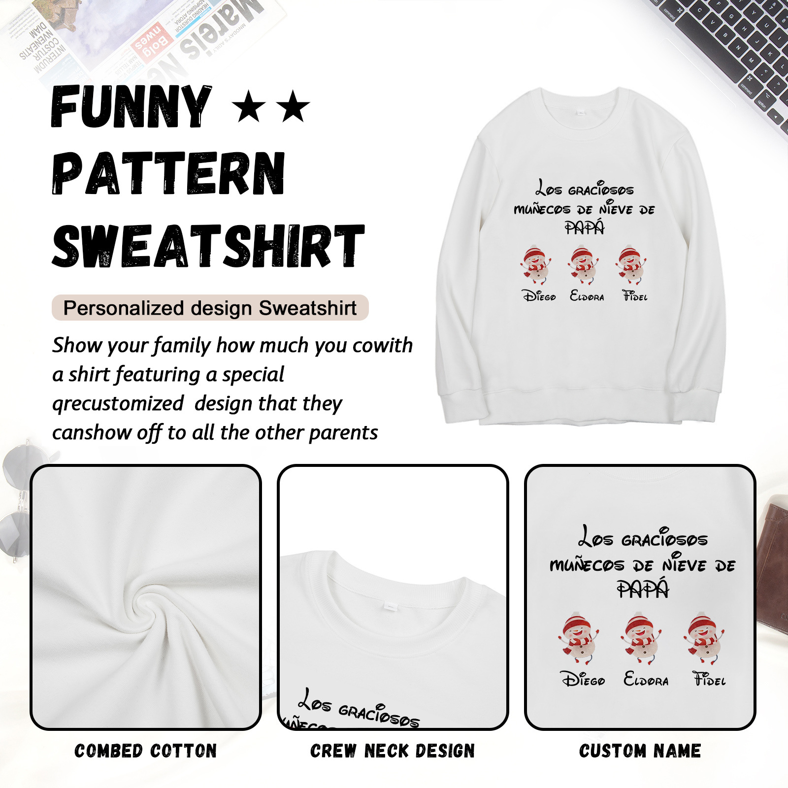 Familia-Sudadera "Muñecos de nieve" 4 nombres personalizados-Jessemade ES