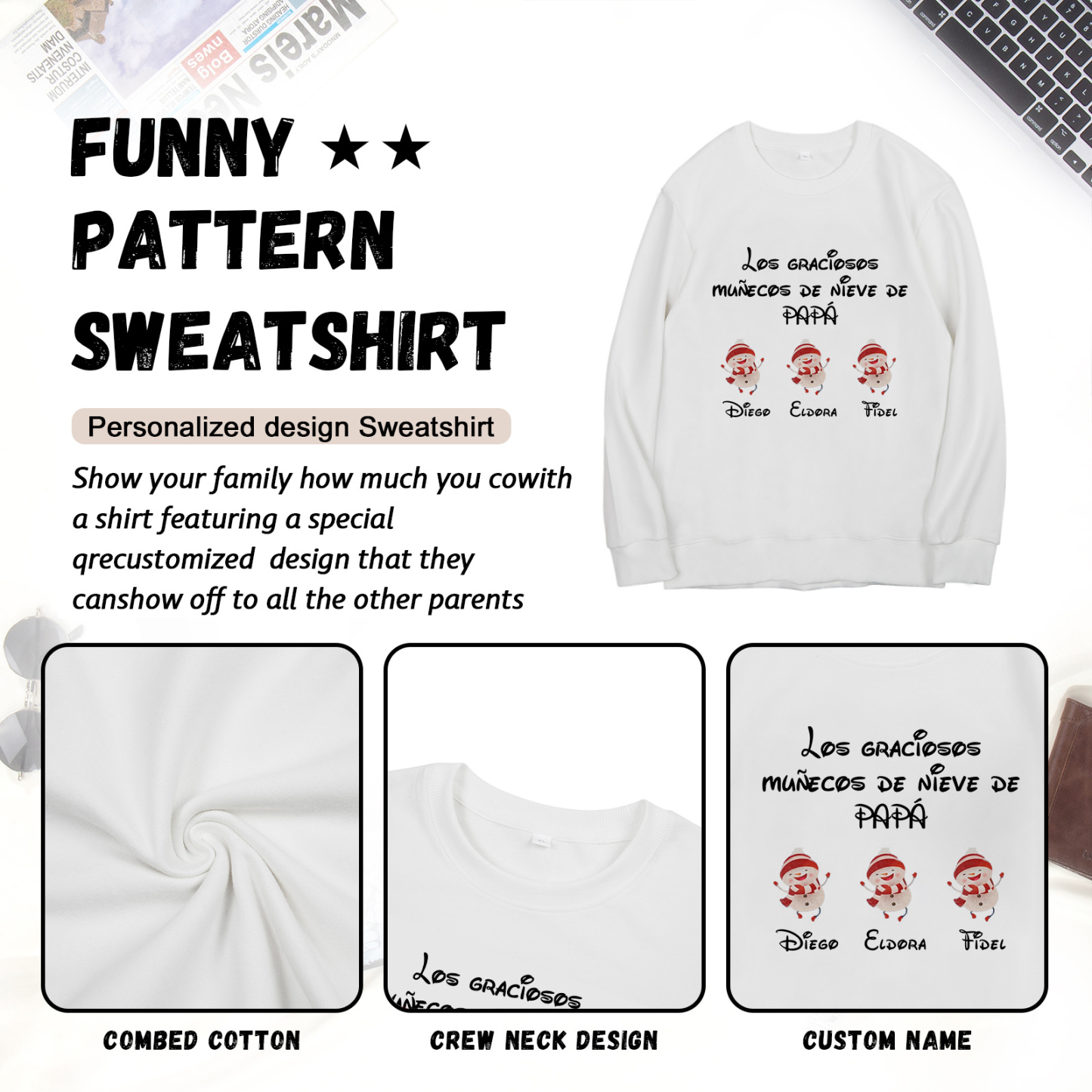 Familia-Sudadera "Muñecos de nieve" 4 nombres personalizados-Jessemade ES