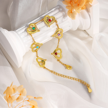 Pulsera 1-7 nombres y piedras de nacimiento personalizadas con dije de corazón-Jessemade ES
