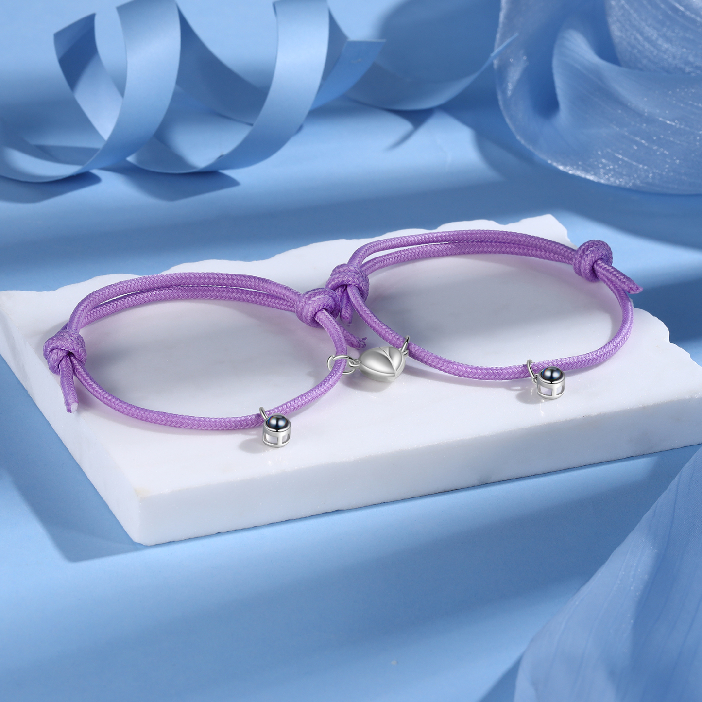 Pulsera de cuerda fluorescentepara pareja con proyección de foto con dije de corazón magnético-Jessemade ES