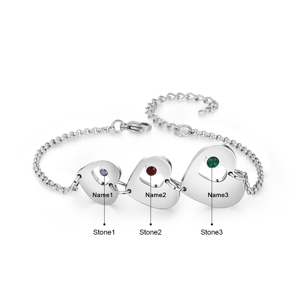 Pulsera de corazón personalizada con 3 nombres y 3 piedras de nacimiento-Jessemade ES