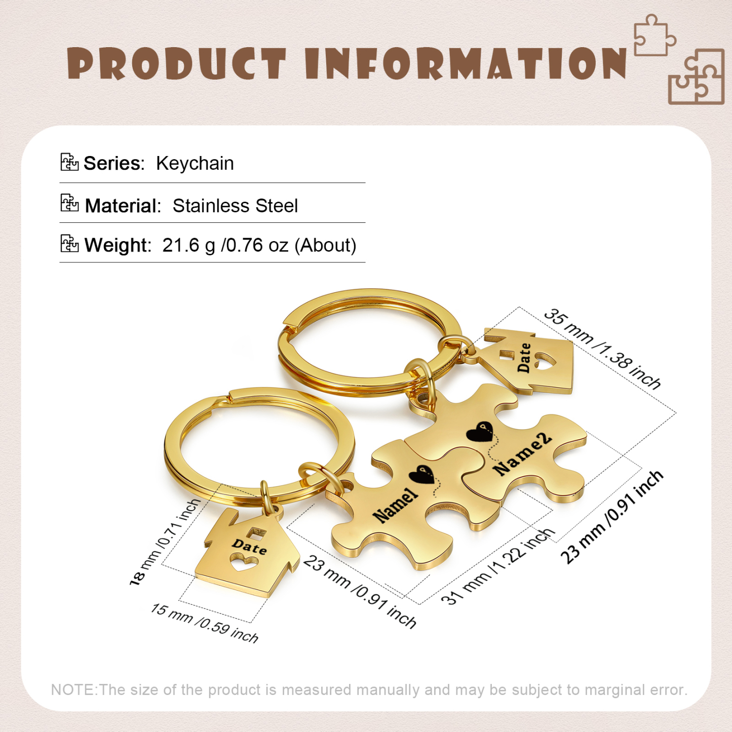Llavero para pareja rompecabezas 2 nombres personalizados con fecha dije de casa-Jessemade ES