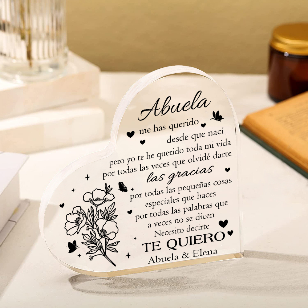 Abuela - Placa de acrílico en forma de corazón flores 2 nombres personalizados-Jessemade ES
