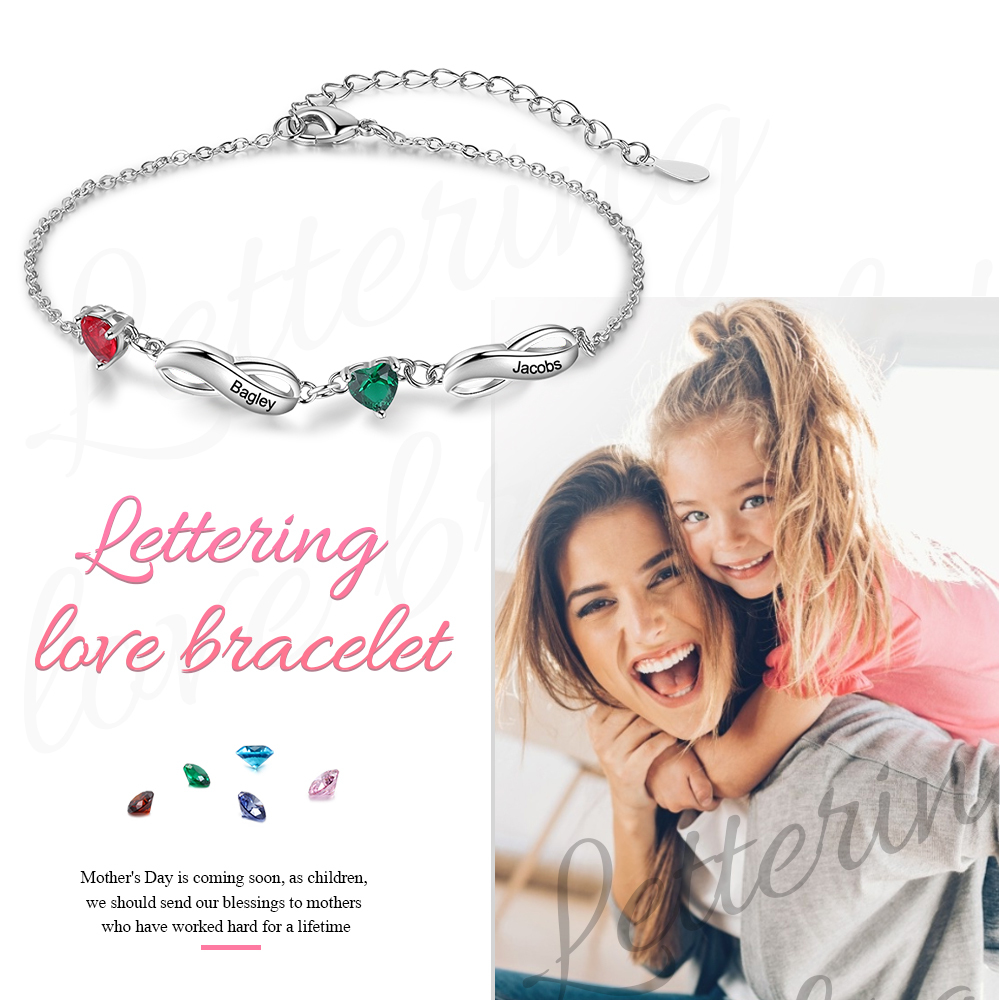 Pulsera "infinito" personalizada con 2 nombres y 2 piedras de nacimiento de corazón-Jessemade ES