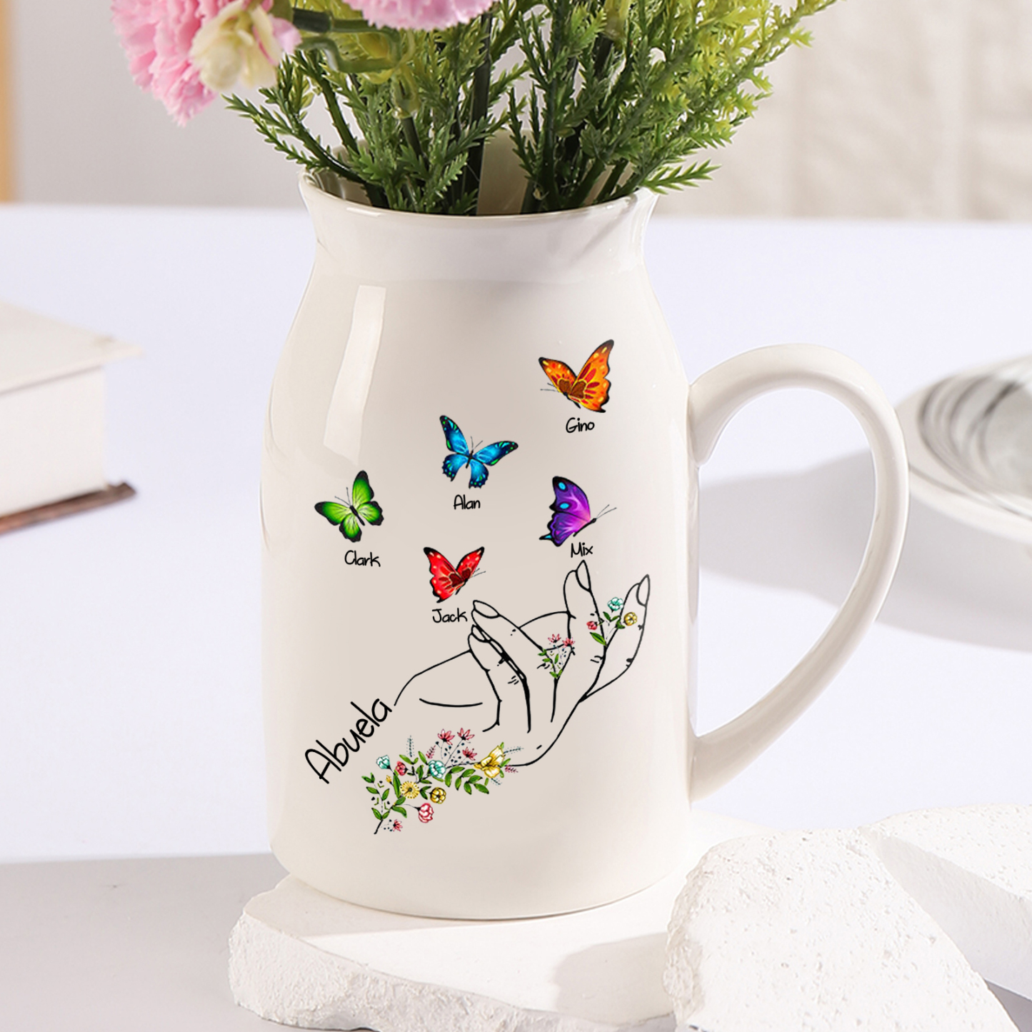 Florero de cerámica mano y mariposas 2-8 nombres personalizados con texto decoración del hogar-Jessemade ES