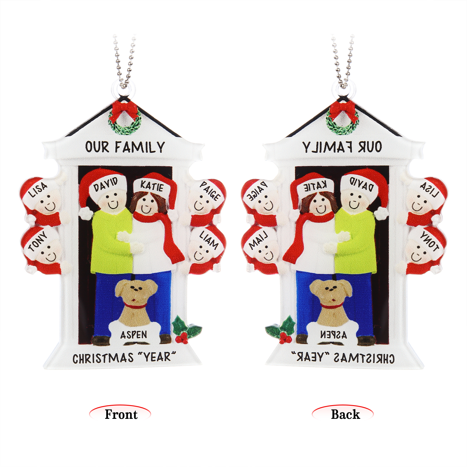 Navidad-Ornamentos Navideños de Acrílico Familia en Puerta con Perro 7 Nombres Personalizados con 2 Textos-Jessemade ES