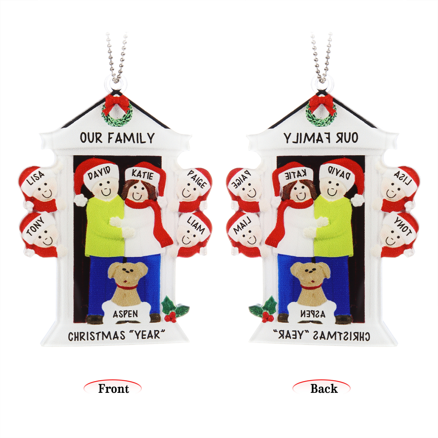 Navidad-Ornamentos Navideños de Acrílico Familia en Puerta con Perro 7 Nombres Personalizados con 2 Textos-Jessemade ES