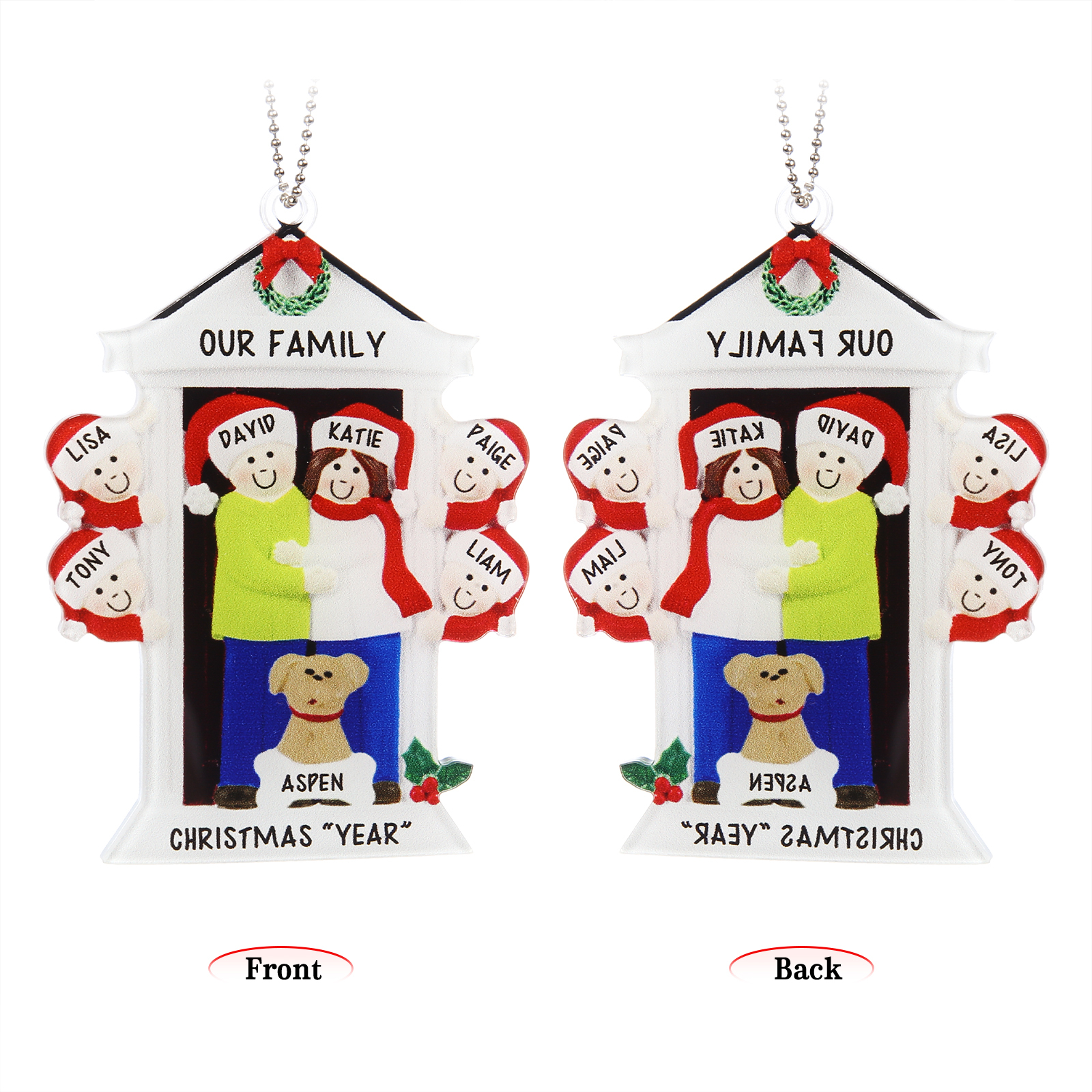 Navidad-Ornamentos Navideños de Acrílico Familia en Puerta con Perro 7 Nombres Personalizados con 2 Textos-Jessemade ES