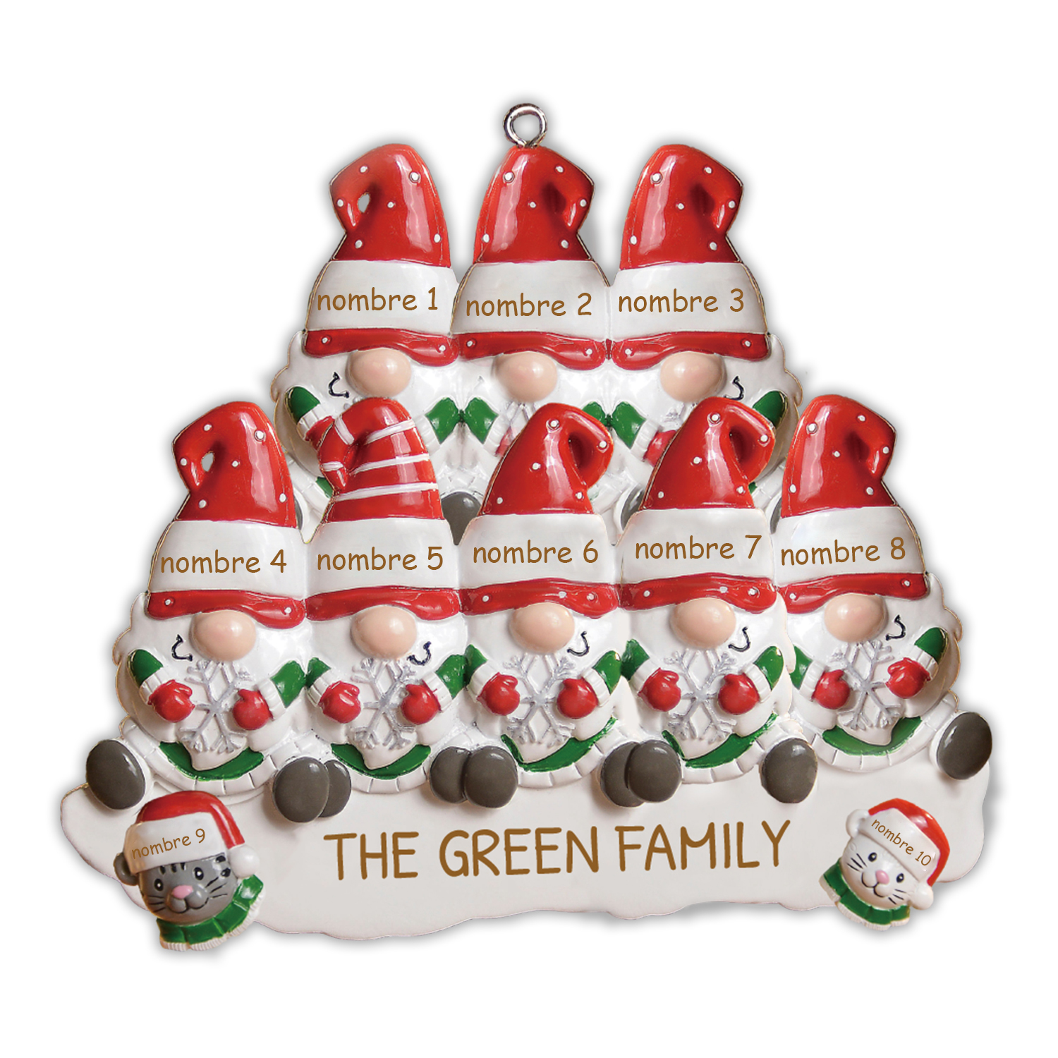 Navidad-Ornamento Navideño Familia de Ocho con Dos Gatos 10 Nombres con Texto Personalizados Adorno de Madera