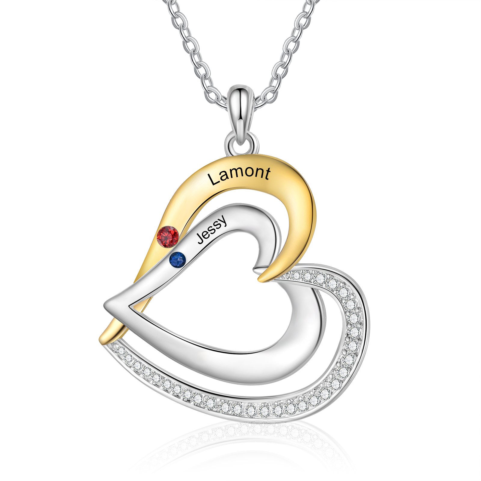 Collar de corazón de plata 925 con 2 nombres y piedras de nacimiento personalizados-Jessemade ES