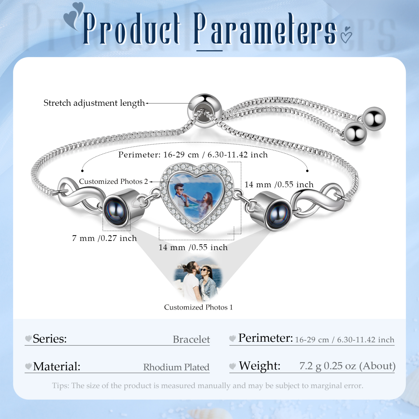 Pulsera con proyección de foto en color y foto en dije de corazón con infinitos, Brazalete de proyección-Jessemade ES