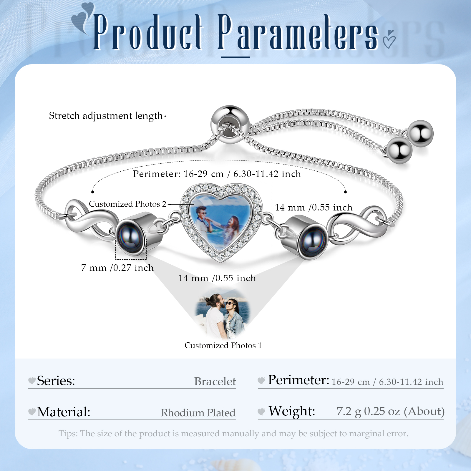 Pulsera con proyección de foto en color y foto en dije de corazón con infinitos, Brazalete de proyección-Jessemade ES