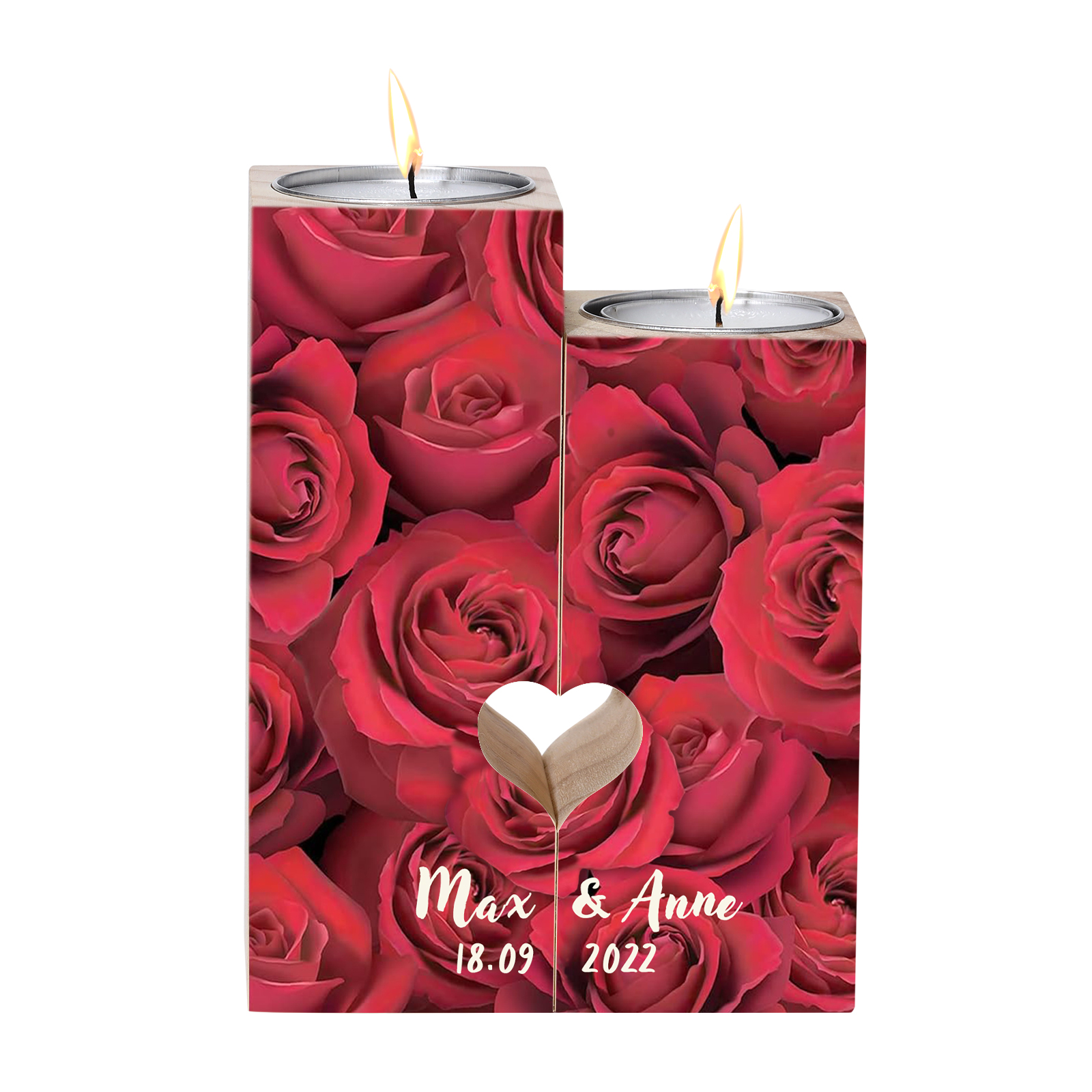 Candelero de rosas para pareja de madera de dos piezas sin candela con nombres personalizados y fecha-Jessemade ES