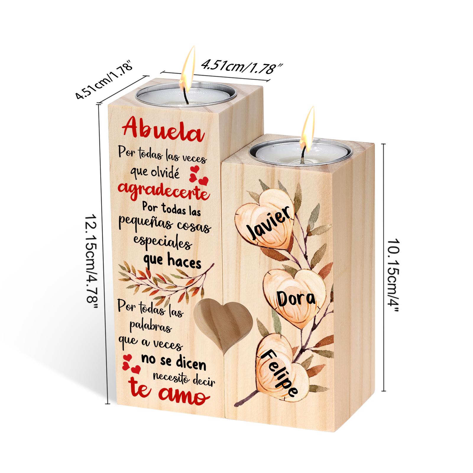 A mi abuela - Candelero de madera sin vela Corazones 3 nombres personalizados
