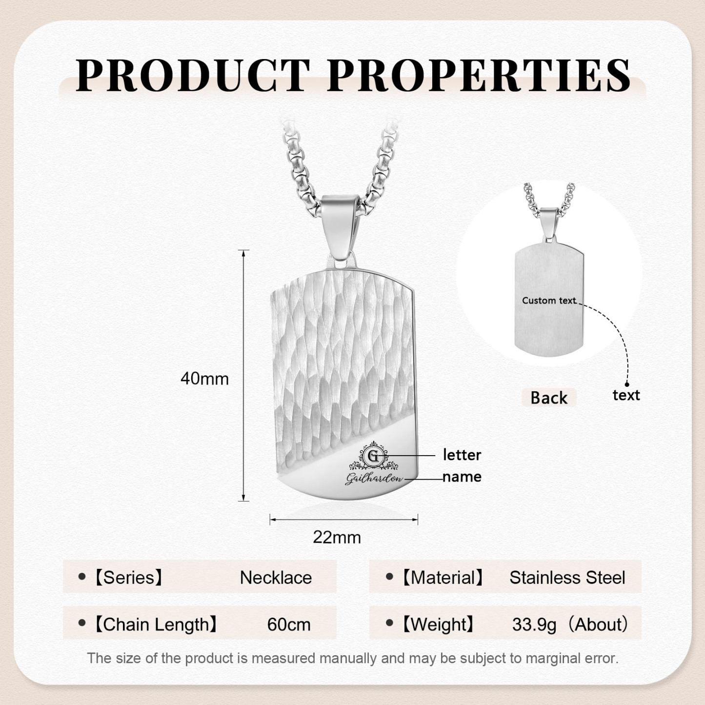 Collar de placa personalizado con 1 nombre, 1 letra y 1 texto en la trasera para hombre-Jessemade ES