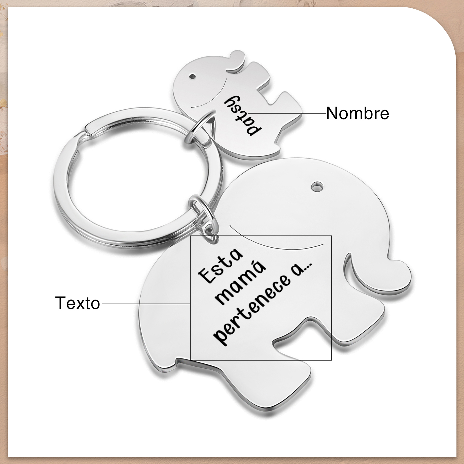A mi mamá/abuela - Llavero con 1 nombre personalizado en elefante con texto-Jessemade ES