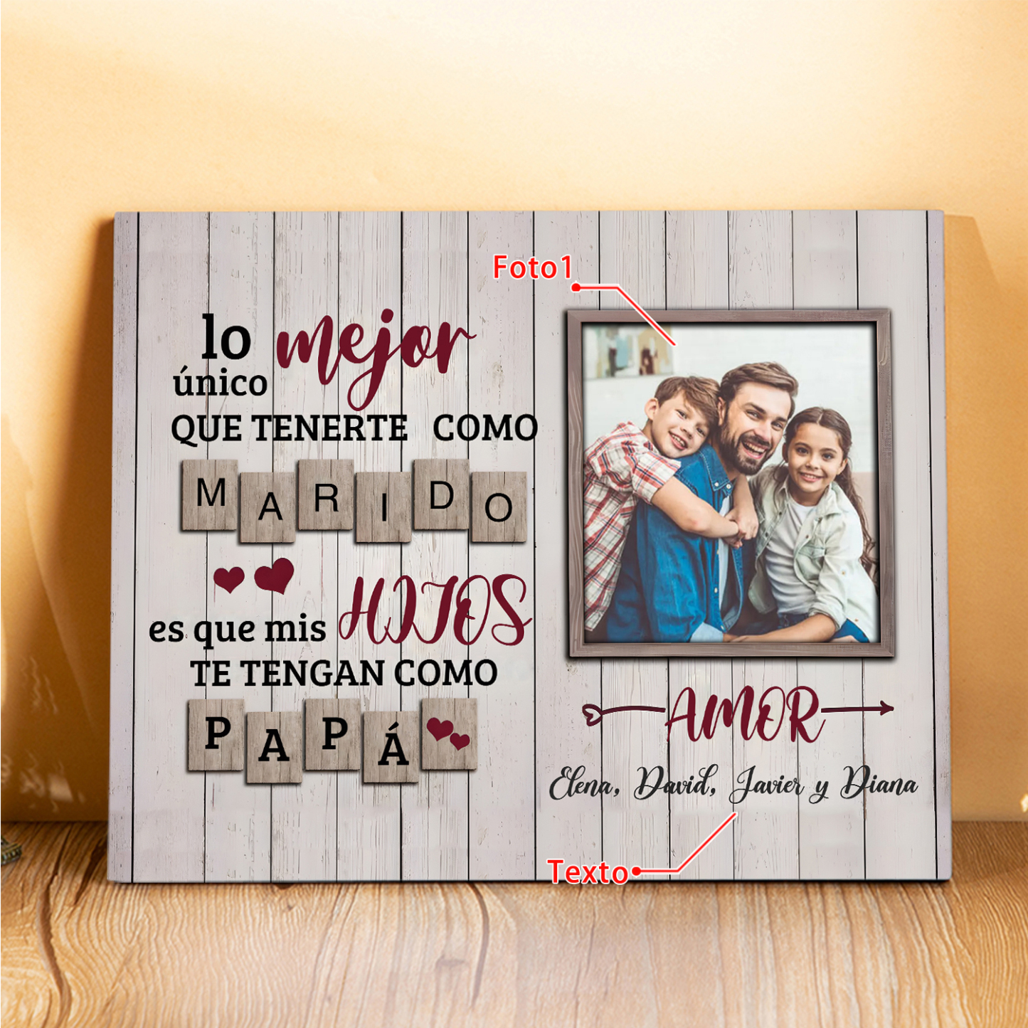 Feliz Día del Padre a mi marido - Lámina marco de madera 1 texto personalizado con 1 foto-Jessemade ES