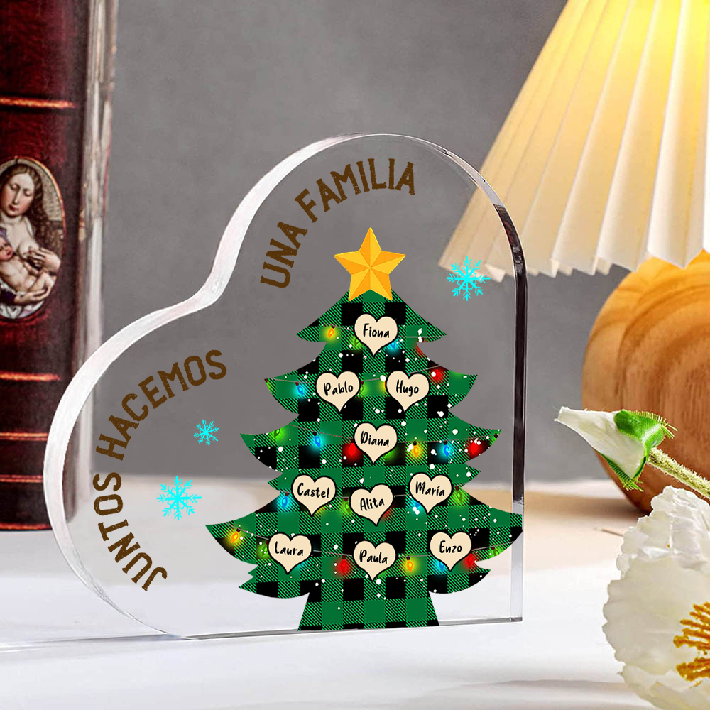 Navidad - Placa de acrílico en forma de corazón árbol con luces con 10 nombres personalizados-Jessemade ES