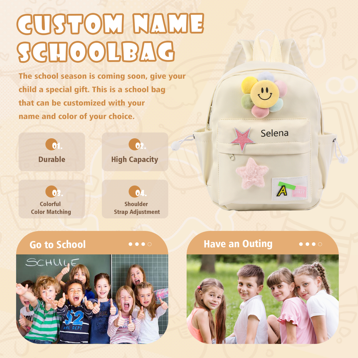 Mochilas escolares para niños con sol y estrellas - con nombre personalizado impreso