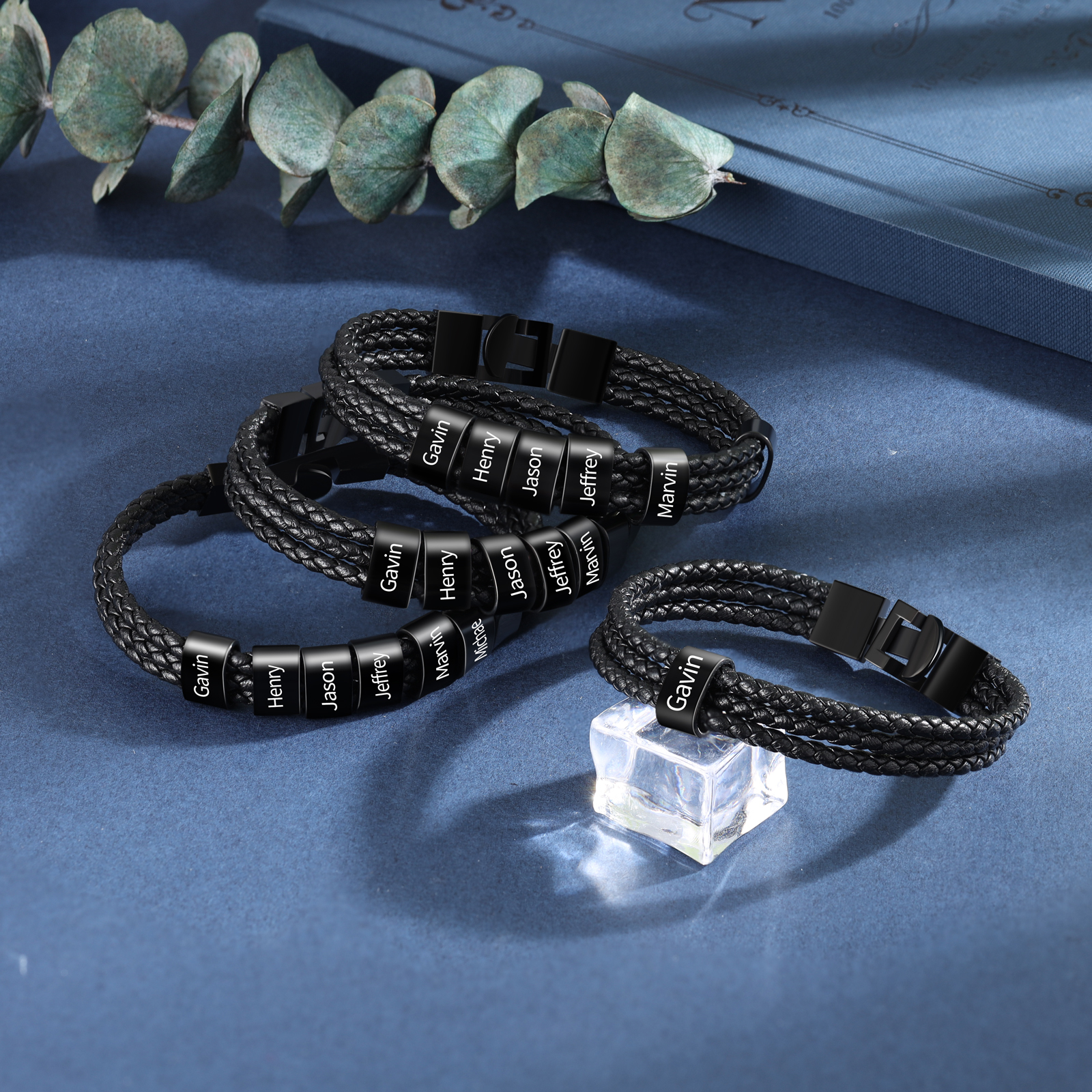 Pulsera de tres cueros trenzados 8 aros con 8 nombres personalizados pulsera de hombre-Jessemade ES